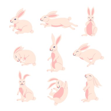 Çizgi film Rengi Karakter Tavşan Seti. Vektör