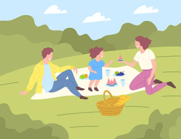 Cartoon Color Characters Menschen Familie mit Kind auf Sommerpicknick. Vektor — Stockvektor