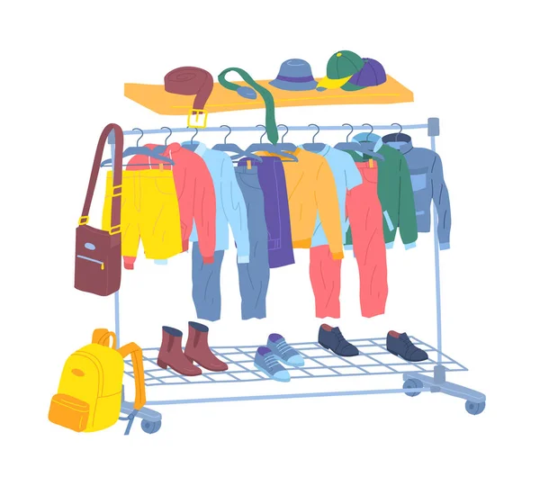 Cartoon Color Male Clothes Hanging on Hangers Men Capsule Wardrobe Concept. Vector — 스톡 벡터