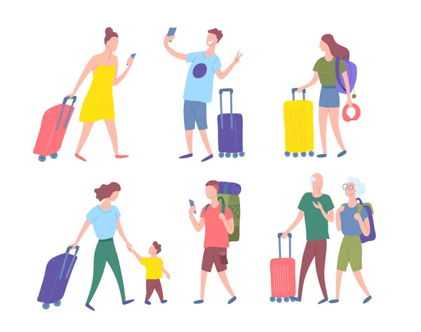 Rajzfilm színes karakterek Emberek Turisták poggyász utazási koncepció. Vektor — Stock Vector