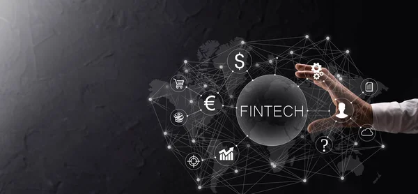 Homme Affaires Détient Fintech Concept Technologie Financière Paiement Bancaire Investissement — Photo