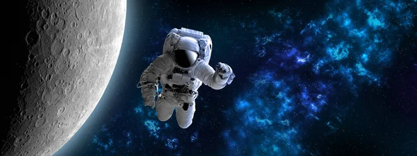 Астронавт Космосе Возле Луны Которая Позади Голубая Красивая Туманность Элементы — стоковое фото
