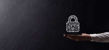 Siber güvenlik ağı. Asma kilit simgesi ve internet teknolojisi ağı. Tablet ve sanal arayüzde veri kişisel bilgilerini koruyan bir iş adamı. Veri koruma gizlilik kavramı. GDPR. AB.