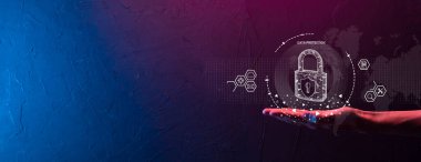 Siber güvenlik ağı. Asma kilit simgesi ve internet teknolojisi ağı. Tablet ve sanal arayüzde veri kişisel bilgilerini koruyan bir iş adamı. Veri koruma gizlilik kavramı. GDPR. AB