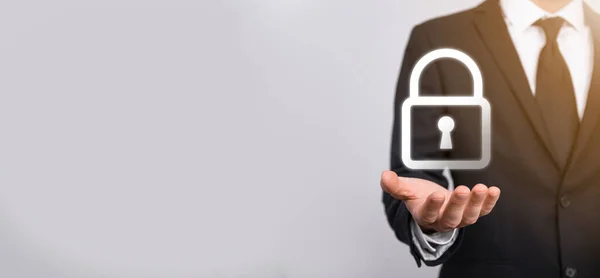 Mano Maschile Possesso Lucchetto Icon Cyber Rete Sicurezza Rete Tecnologica — Foto Stock