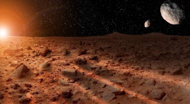 Mars 'taki manzara, kızıl gezegendeki manzaralı çöl ve kaya. Güneş ufuktan doğar. Güneş doğar. NASA tarafından desteklenen bu görüntünün elementleri.