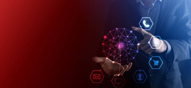 İş konsepti, cep telefonu ve toplum teknolojisinin bilgi ikonunu dijital olarak kullanmak. Yüksek teknoloji kavramı ve büyük veri kavramı. Tonu ayarlanmış resim.