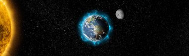 Güneş, gezegen, dünya ve ay uzay manzaralı. Kozmik zemin. Güneş Sistemi. NASA tarafından desteklenen bu görüntünün elementleri..