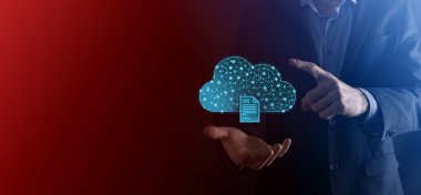 Bulut teknolojisi. Koyu mavi üzerinde belge ikonu olan çokgen kablo depolama işareti. Bulut hesaplama, büyük veri merkezi, gelecekteki altyapı, dijital ai konsepti. Sanal sunucu simgesi.