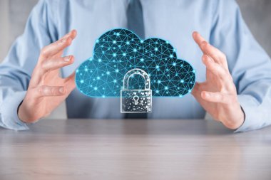 Bulut teknolojisi. Koyu mavi üzerinde asma kilit olan çokgen kablo depolama işareti. Bulut hesaplama, büyük veri merkezi, gelecekteki altyapı, dijital ai konsepti. Sanal sunucu simgesi.