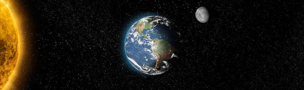 太陽と惑星の地球と月は 宇宙の正面の眺めです 宇宙背景太陽系この画像の要素はNasaによって提供されます — ストック写真