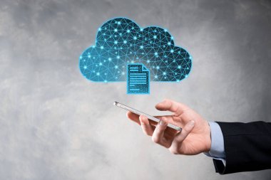 Bulut teknolojisi. Koyu mavi üzerinde belge ikonu olan çokgen kablo depolama işareti. Bulut hesaplama, büyük veri merkezi, gelecekteki altyapı, dijital ai konsepti. Sanal sunucu simgesi.