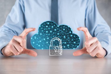 Bulut teknolojisi. Koyu mavi üzerinde asma kilit olan çokgen kablo depolama işareti. Bulut hesaplama, büyük veri merkezi, gelecekteki altyapı, dijital ai konsepti. Sanal sunucu simgesi.