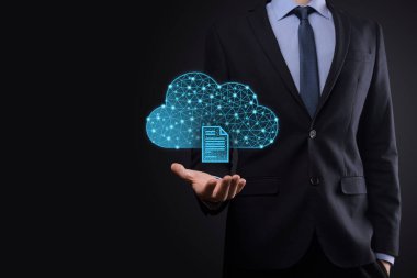 Bulut teknolojisi. Koyu mavi üzerinde belge ikonu olan çokgen kablo depolama işareti. Bulut hesaplama, büyük veri merkezi, gelecekteki altyapı, dijital ai konsepti. Sanal sunucu simgesi.