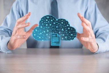 Bulut teknolojisi. Koyu mavi üzerinde belge ikonu olan çokgen kablo depolama işareti. Bulut hesaplama, büyük veri merkezi, gelecekteki altyapı, dijital ai konsepti. Sanal sunucu simgesi.