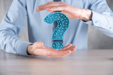Soru işareti. Noktalı ve yıldızlı karanlık arka planda 3D özet. Sembol sor. Yardım desteği, faq problem sembolü, eğitim kavramını düşünün, kafa karışıklığı örnekleme veya özgeçmiş. İş adamı.