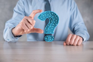 Soru işareti. Noktalı ve yıldızlı karanlık arka planda 3D özet. Sembol sor. Yardım desteği, faq problem sembolü, eğitim kavramını düşünün, kafa karışıklığı örnekleme veya özgeçmiş. İş adamı.