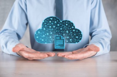 Bulut teknolojisi. Koyu mavi üzerinde belge ikonu olan çokgen kablo depolama işareti. Bulut hesaplama, büyük veri merkezi, gelecekteki altyapı, dijital ai konsepti. Sanal sunucu simgesi.