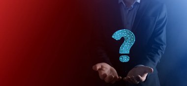 Soru işareti. Noktalı ve yıldızlı karanlık arka planda 3D özet. Sembol sor. Yardım desteği, faq problem sembolü, eğitim kavramını düşünün, kafa karışıklığı örnekleme veya özgeçmiş. İş adamı.
