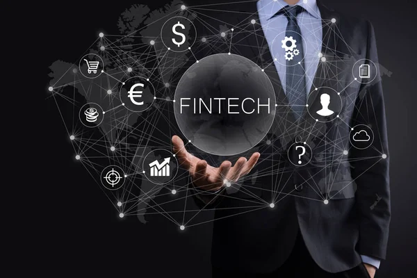 Бізнесмен Проводить Концепт Fintech Financial Technology Інвестиції Криптовалюту Цифрові Гроші — стокове фото