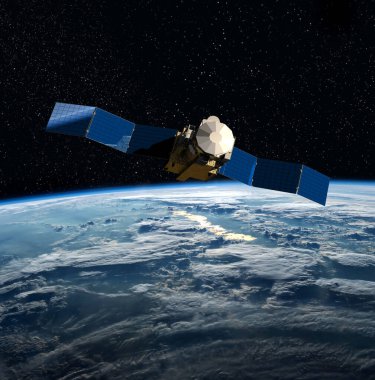 Kargo uzay aracı ve Dünya gezegeni. Karanlık arka plan. Bilim kurgu duvar kağıdı. Dünya 'nın yörüngesindeki uzay istasyonu. Uzay gemisi. Uzay sanat duvar kağıdı. Güneş Gözlemevi. Bu görüntünün elementleri NASA tarafından döşenmiştir.