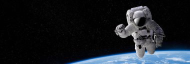 Dünya 'nın dış uzayındaki astronot. Yıldızlar arka planı sağlar. Dünya' nın üzerinde bir uzay oluşturur. Bu görüntünün ISS elementleri NASA tarafından desteklenmektedir.