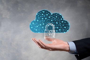 Bulut teknolojisi. Koyu mavi üzerinde asma kilit olan çokgen kablo depolama işareti. Bulut hesaplama, büyük veri merkezi, gelecekteki altyapı, dijital ai konsepti. Sanal sunucu simgesi.