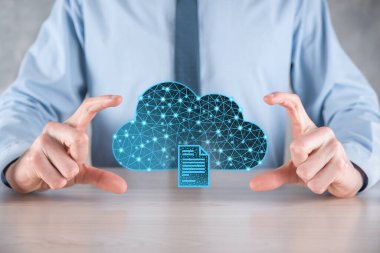 Bulut teknolojisi. Koyu mavi üzerinde belge ikonu olan çokgen kablo depolama işareti. Bulut hesaplama, büyük veri merkezi, gelecekteki altyapı, dijital ai konsepti. Sanal sunucu simgesi.