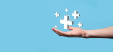 3D artı ikon, elde tutulan adam kar, fayda, gelişme, artı işareti ile temsil edilen CSR gibi olumlu şeyler sunar..