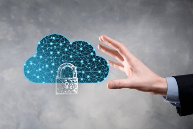 Bulut teknolojisi. Koyu mavi üzerinde asma kilit olan çokgen kablo depolama işareti. Bulut hesaplama, büyük veri merkezi, gelecekteki altyapı, dijital ai konsepti. Sanal sunucu simgesi.