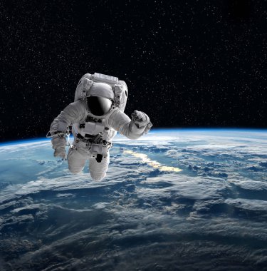 Dünya 'nın dış uzayındaki astronot. Yıldızlar arka planı sağlar. Dünya' nın üzerinde bir uzay oluşturur. Bu görüntünün ISS elementleri NASA tarafından desteklenmektedir.