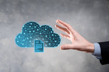 Bulut teknolojisi. Koyu mavi üzerinde belge ikonu olan çokgen kablo depolama işareti. Bulut hesaplama, büyük veri merkezi, gelecekteki altyapı, dijital ai konsepti. Sanal sunucu simgesi.