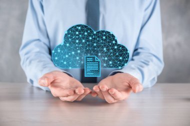 Bulut teknolojisi. Koyu mavi üzerinde belge ikonu olan çokgen kablo depolama işareti. Bulut hesaplama, büyük veri merkezi, gelecekteki altyapı, dijital ai konsepti. Sanal sunucu simgesi.