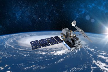 Kargo uzay aracı ve Dünya gezegeni. Karanlık arka plan. Bilim kurgu duvar kağıdı. Dünya 'nın yörüngesindeki uzay istasyonu. Uzay gemisi. Uzay sanat duvar kağıdı. Güneş Gözlemevi. Bu görüntünün elementleri NASA tarafından döşenmiştir.