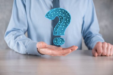 Soru işareti. Noktalı ve yıldızlı karanlık arka planda 3D özet. Sembol sor. Yardım desteği, faq problem sembolü, eğitim kavramını düşünün, kafa karışıklığı örnekleme veya özgeçmiş. İş adamı.
