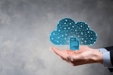 Bulut teknolojisi. Koyu mavi üzerinde belge ikonu olan çokgen kablo depolama işareti. Bulut hesaplama, büyük veri merkezi, gelecekteki altyapı, dijital ai konsepti. Sanal sunucu simgesi.