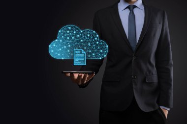 Bulut teknolojisi. Koyu mavi üzerinde belge ikonu olan çokgen kablo depolama işareti. Bulut hesaplama, büyük veri merkezi, gelecekteki altyapı, dijital ai konsepti. Sanal sunucu simgesi.