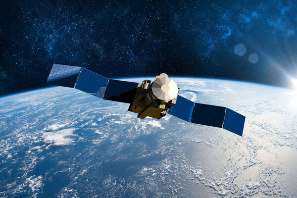 Грузовой космический корабль Планета Земля. Тёмный фон. Sci-fi wallpaper.Space Station Orbiting Earth.Space ship.Space art wallpaper.Solar Observatory.