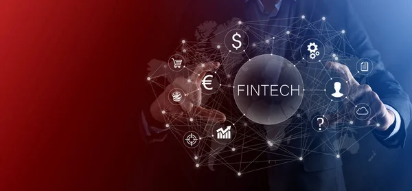 Empresário Detêm Fintech Conceito Tecnologia Financeira Investimento Criptomoeda Dinheiro Digital — Fotografia de Stock