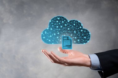 Bulut teknolojisi. Koyu mavi üzerinde belge ikonu olan çokgen kablo depolama işareti. Bulut hesaplama, büyük veri merkezi, gelecekteki altyapı, dijital ai konsepti. Sanal sunucu simgesi.