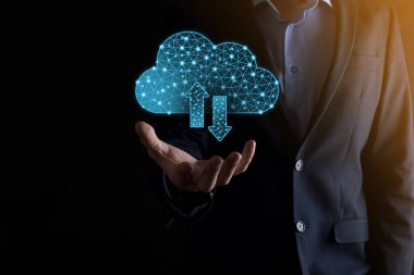 Bulut teknolojisi. Çokgen kablo depolama işareti. Koyu mavi üzerinde iki ok var. Bulut hesaplama, büyük veri merkezi, gelecekteki altyapı, dijital ai konsepti. Sanal sunucu simgesi.