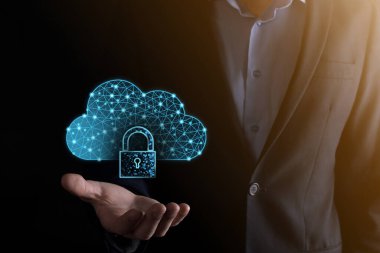 Bulut teknolojisi. Koyu mavi üzerinde asma kilit olan çokgen kablo depolama işareti. Bulut hesaplama, büyük veri merkezi, gelecekteki altyapı, dijital ai konsepti. Sanal sunucu simgesi.