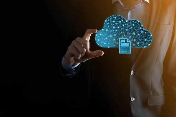 Bulut teknolojisi. Koyu mavi üzerinde belge ikonu olan çokgen kablo depolama işareti. Bulut hesaplama, büyük veri merkezi, gelecekteki altyapı, dijital ai konsepti. Sanal sunucu simgesi.