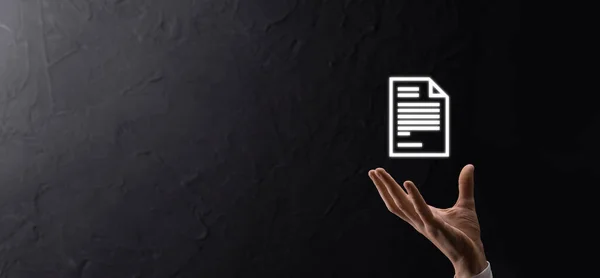 Hand Houden Van Een Document Pictogram Zijn Hand Document Management — Stockfoto