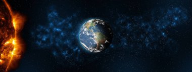 Uzay manzaralı güneş ve dünya gezegeni. Kozmik zemin. Güneş Sistemi. NASA tarafından desteklenen bu görüntünün elementleri..