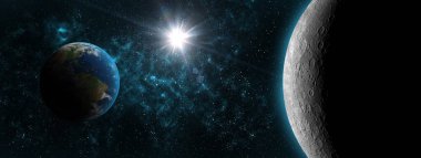 Dünya ve Ay 'ın parlayan kara uzayı, yıldız arkaplanı. Dünya' nın yörüngesinde dönen astronomik bir cisimdir. Bu görüntünün elementleri NASA3D illüstrasyon tarafından desteklenmektedir..