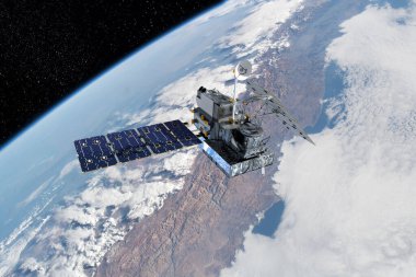 Kargo uzay aracı Dünya gezegeni. Karanlık arka plan. Bilim kurgu duvar kağıdı. Uzay İstasyonu Dünya 'nın yörüngesindeki uzay gemisi. Uzay sanat duvar kağıdı. Güneş Gözlemevi. Bu görüntünün unsurları NASA3D illüstrasyon tarafından desteklenmektedir..