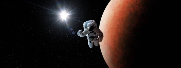Astronaut Yttre Öppna Rymden Över Planeten Mars Stars Ger Bakgrund — Stockfoto