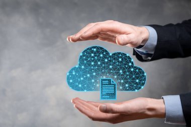 Bulut teknolojisi. Koyu mavi üzerinde belge ikonu olan çokgen kablo depolama işareti. Bulut hesaplama, büyük veri merkezi, gelecekteki altyapı, dijital ai konsepti. Sanal sunucu simgesi.