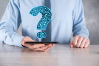 Soru işareti. Noktalı ve yıldızlı karanlık arka planda 3D özet. Sembol sor. Yardım desteği, faq problem sembolü, eğitim kavramını düşünün, kafa karışıklığı örnekleme veya özgeçmiş. İş adamı.